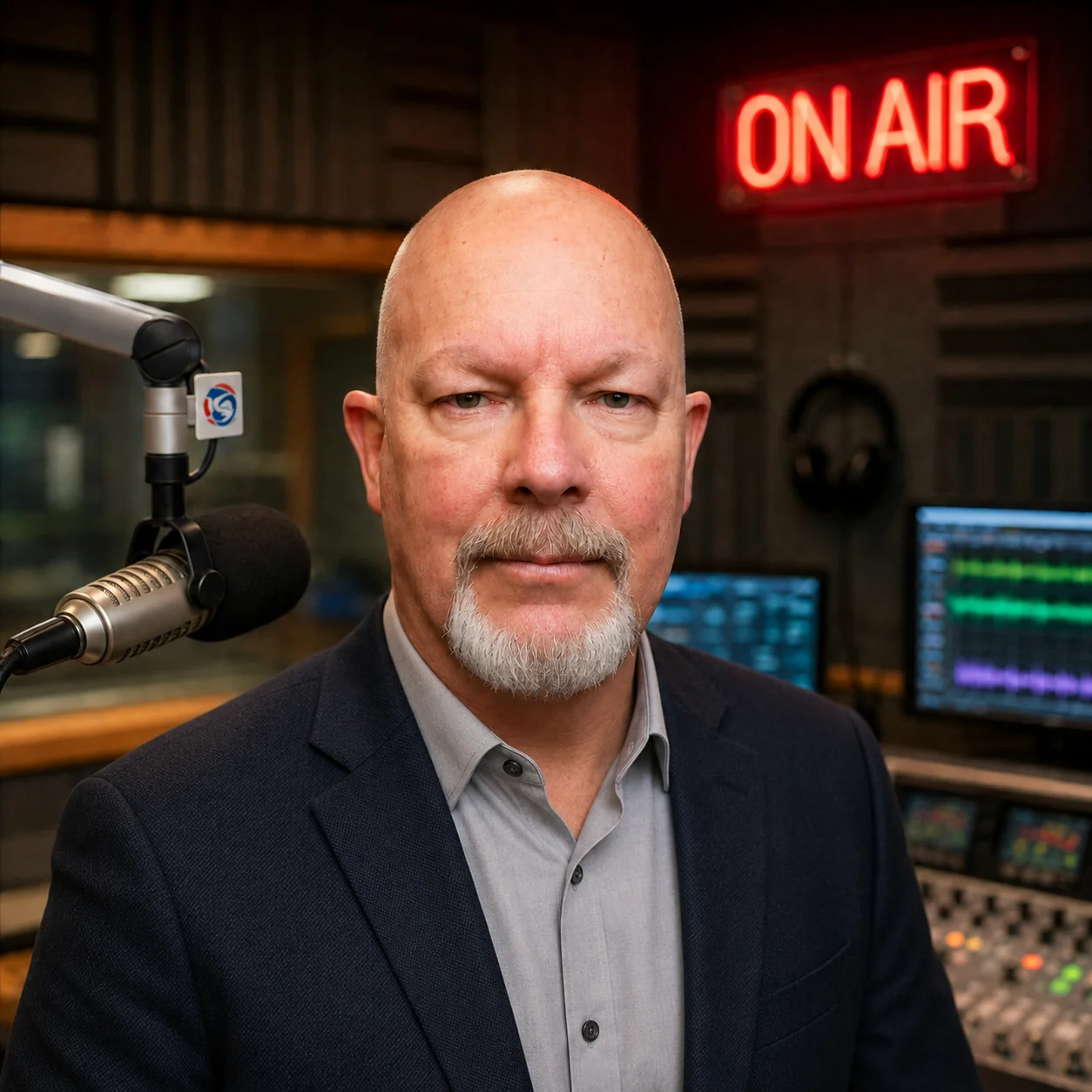 Pete Fingers at the microphone in the Pure AI Radio studio