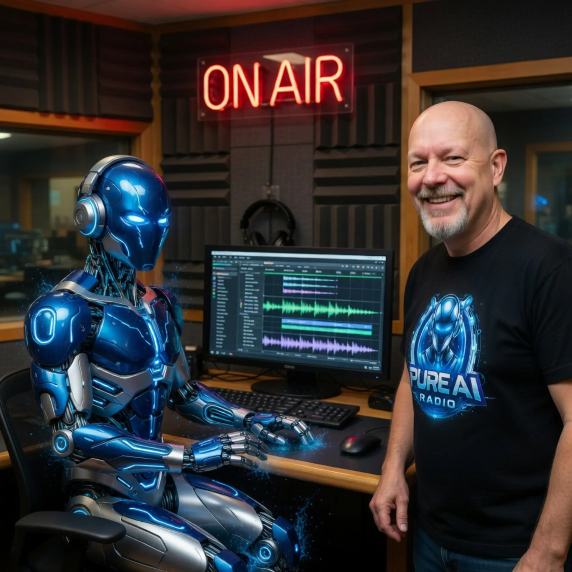 Pete Fingers and Robo in the Pure AI Radio studio